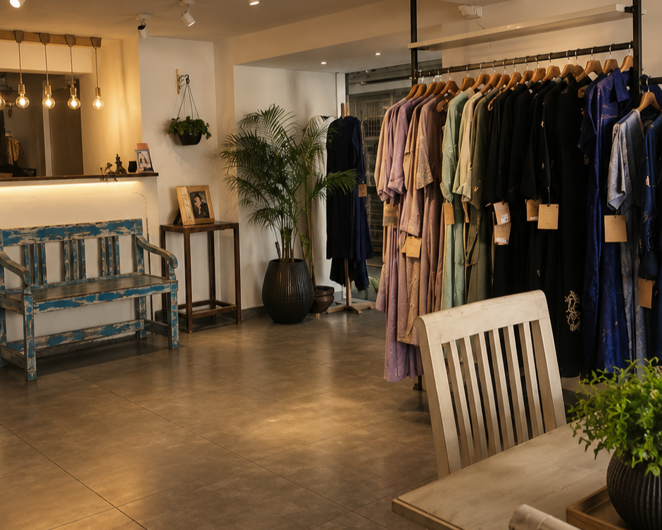 Inside a boutique clothing store with a display of dresses on a rack, a wooden table and chairs, a potted plant, and a decorated wall with hanging lights.
