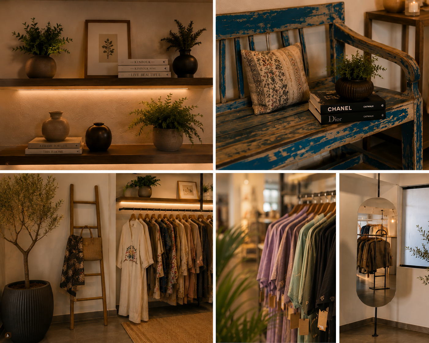 A cozy boutique interior with decorative plants, vintage-style furniture, clothing racks with dresses and shirts, and books, all illuminated with warm lighting.