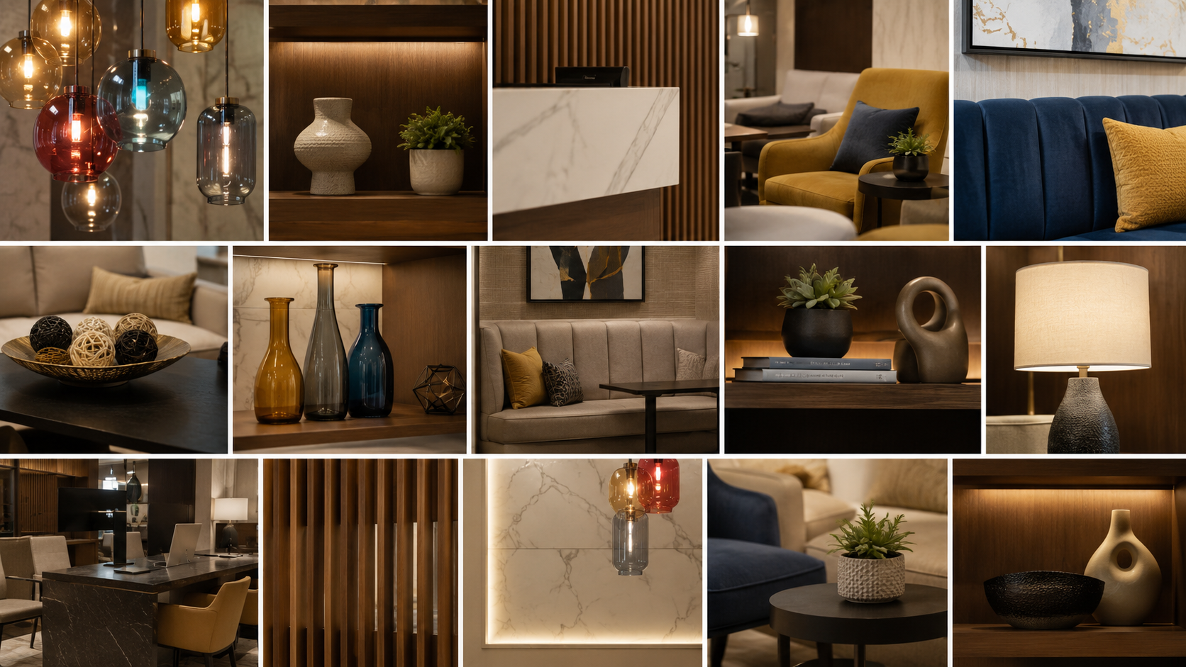 A collage of modern interior decor, including pendant lights, decorative vases, artwork, sofas, and lighting fixtures in warm, neutral tones.