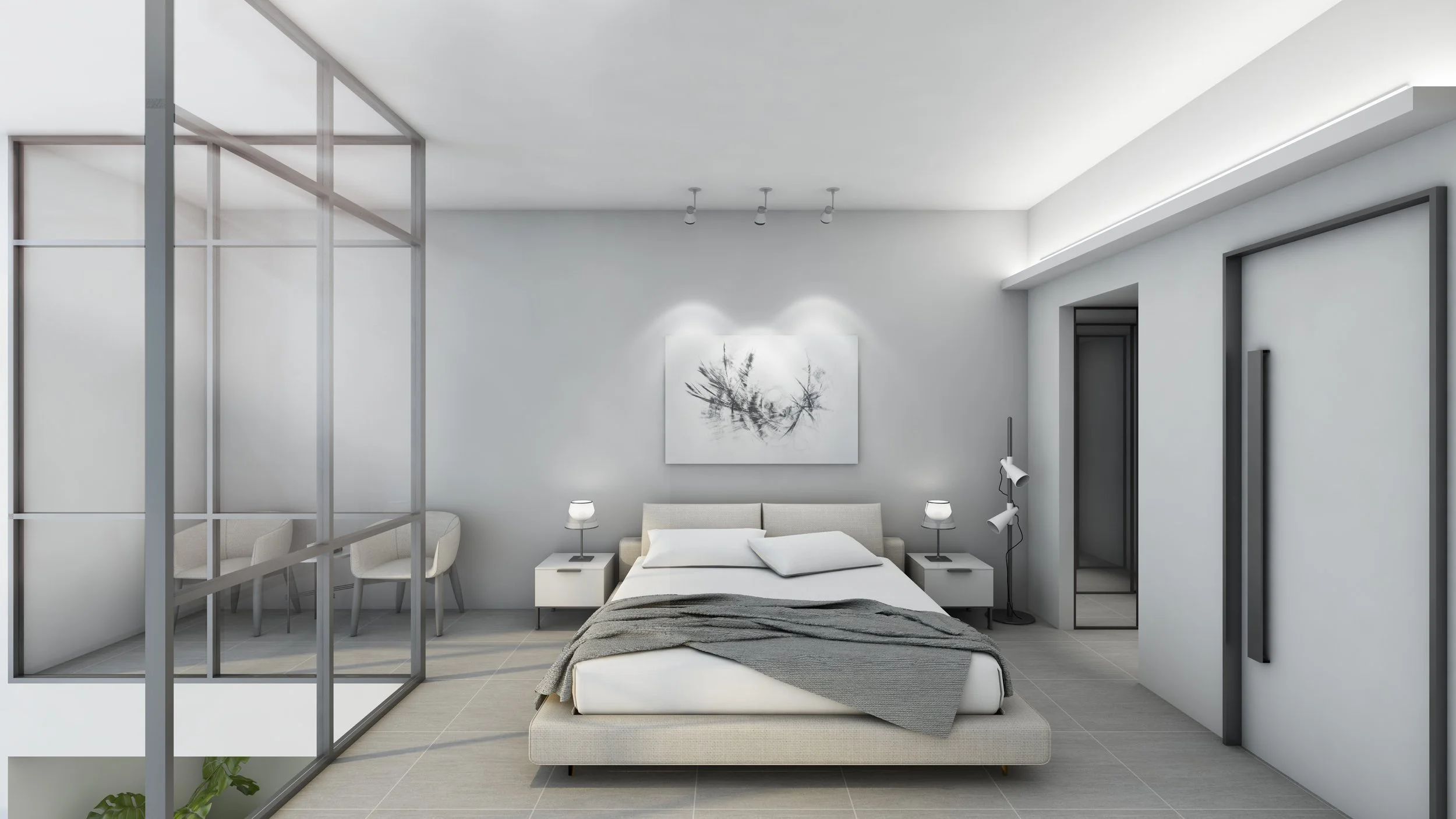 Modern minimalist bedroom with a white bed, gray bedding, two white nightstands with lamps, a painting above the bed, and a seating area with chairs and a table in the background. The room features gray tiled floors and simple decor.