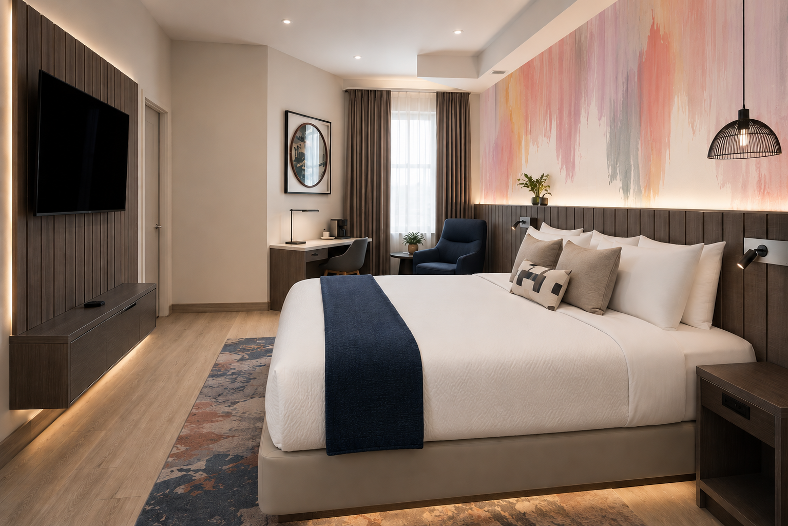 Modern hotel room with a large bed, navy blue runner, and decorative pillows. There is a flat-screen TV on a wooden accent wall, a window with curtains, a desk with a chair, a small sitting area with a blue armchair and side table, and colorful abstract artwork above the bed.