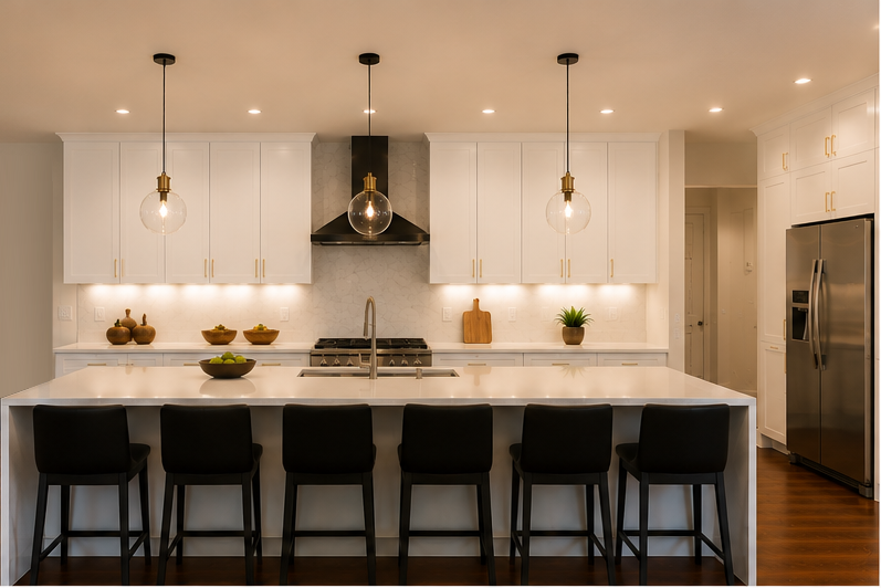 Modern kitchen with white cabinets, a large kitchen island with black chairs, pendant lighting, stainless steel refrigerator, and decorative items including bowls, a cutting board, and a plant.