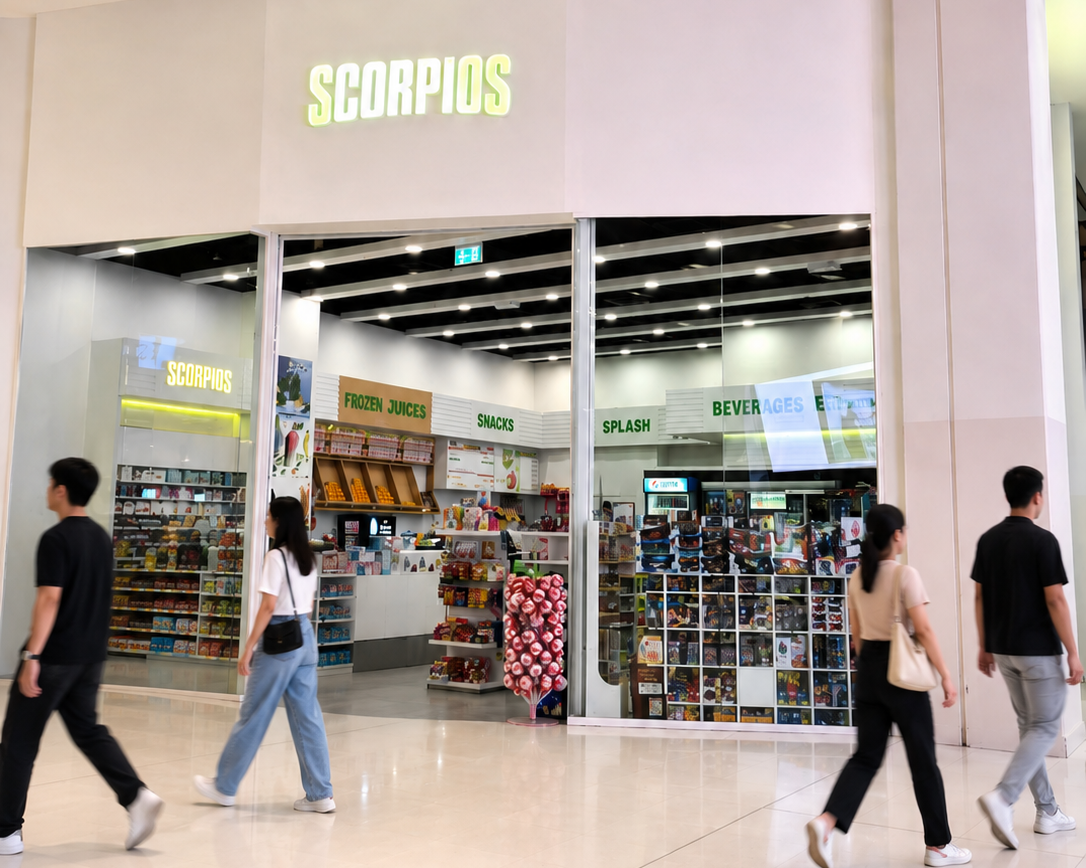 A candy and snack shop called 'Scorpios' inside a shopping mall.