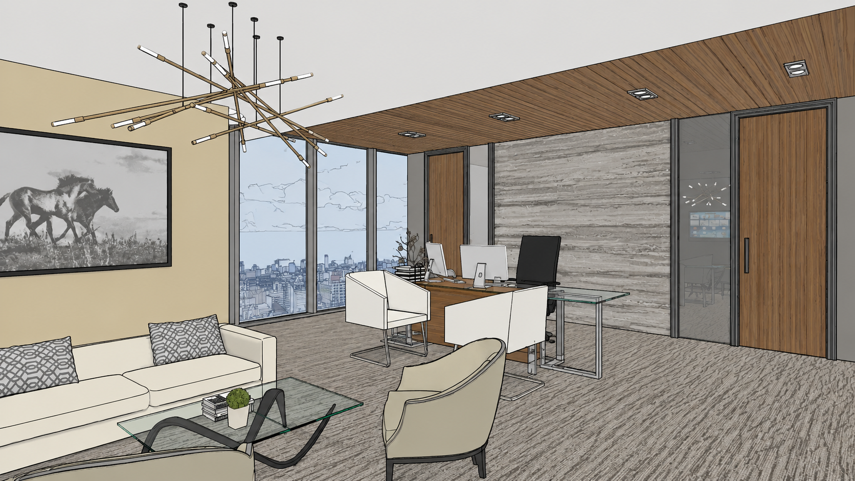 Modern office with floor-to-ceiling windows, wooden ceiling, and a city view. Contains a white sofa, armchairs, glass coffee table, artwork of horses, a wooden desk with three computers, white chairs, and a clock on the wall.