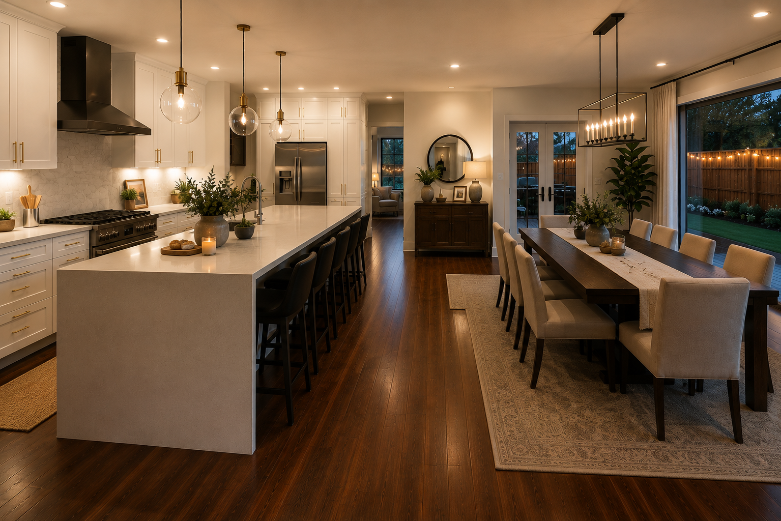 Open-concept kitchen and dining area with dark wood floors, white cabinets, marble island, pendant lights, and large window and glass doors showing outdoor yard with string lights