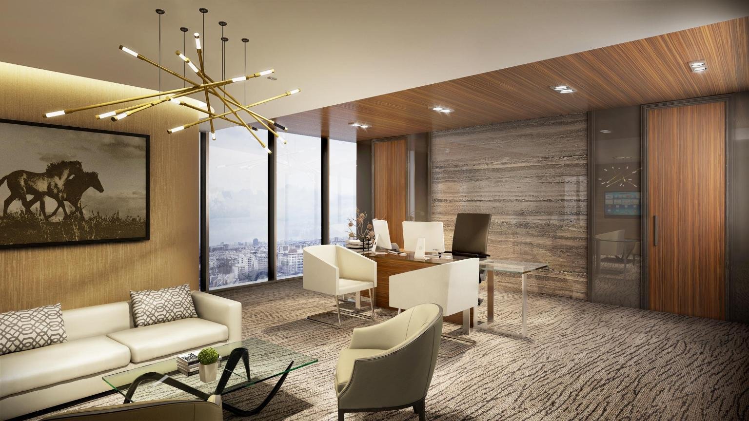 Modern office with a large window, a white sofa with patterned pillows, a glass coffee table, and an office desk with two computer monitors and chairs. Ceiling light fixture, framed wall art of a horse, and a textured wall with a wooden accent ceiling.