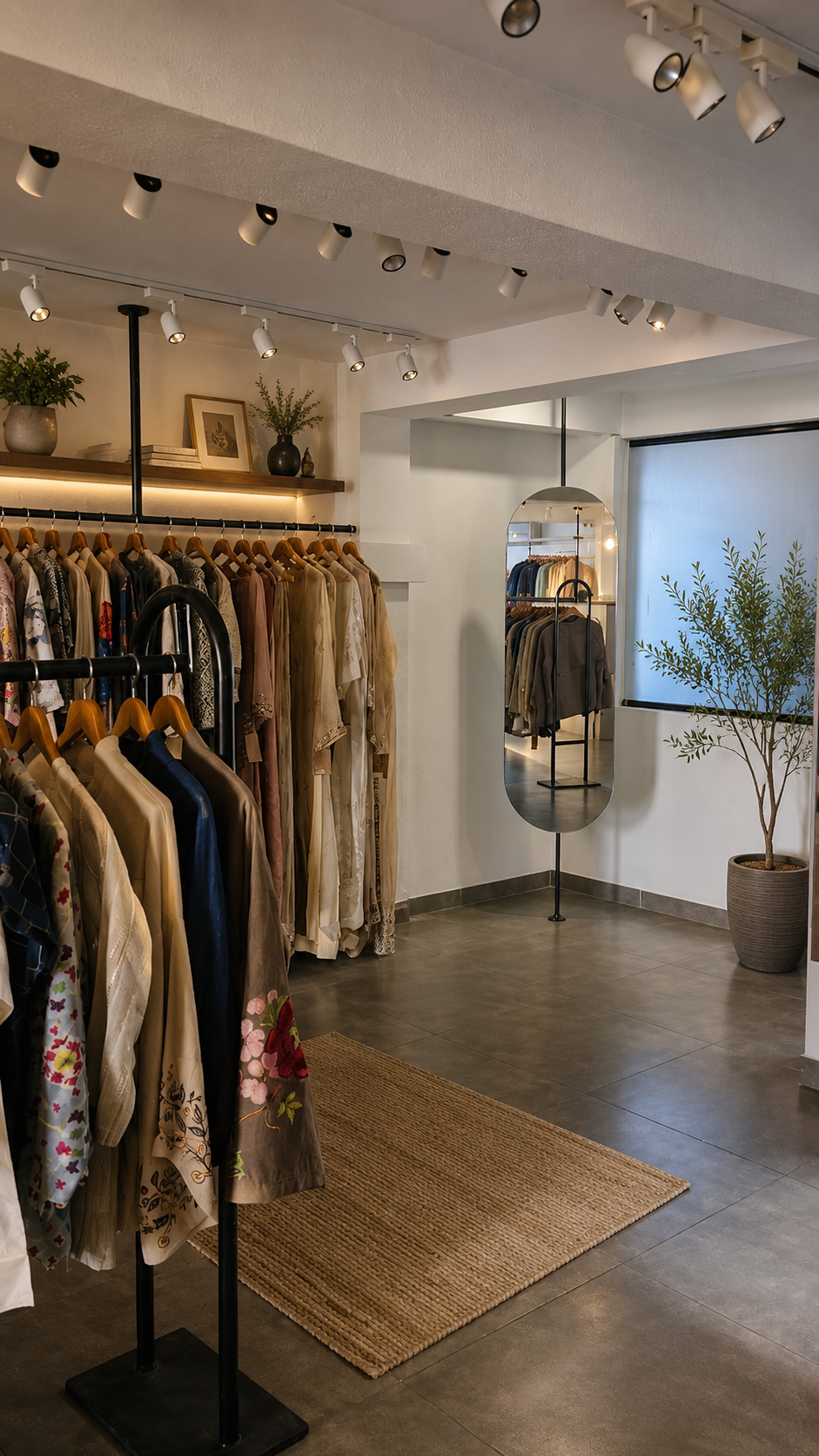 Interior view of a boutique clothing store with racks of dresses and jackets, a mirrored stand, potted plant, and decorative shelves with art and plants.