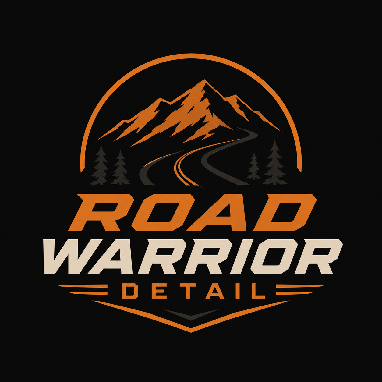 Logo with mountain, road, and trees featuring the text 'Road Warrior Detail' in bold orange and white letters.