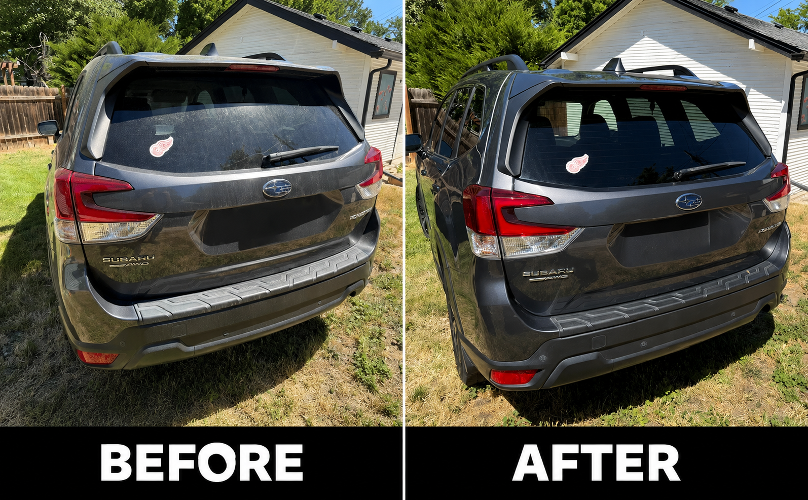 Comparison of the back of a black Subaru SUV showing dirt and mud before and after it has been cleaned, with 'Before' and 'After' labels at the bottom.