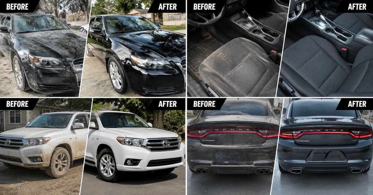 Comparison of before and after images showing a car's exterior and interior. The top row displays a black car before cleaning, now shiny after cleaning. The second row shows the interior seats before cleaning and the cleaned seats after. The bottom row features a dirty, muddy white SUV before cleaning and a spotless, white SUV after. The last row presents a dirty, dusty black Dodge Charger before cleaning and a clean, shiny black Dodge Charger after.