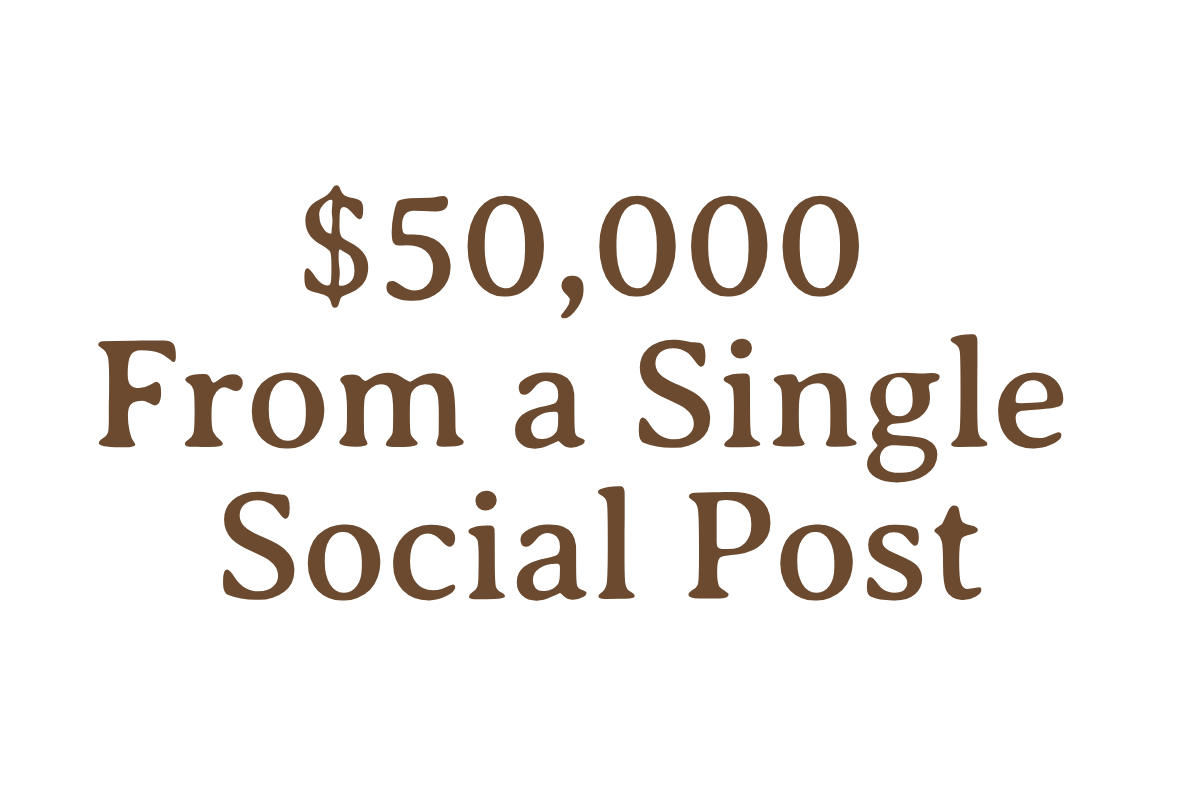Instagram case study results for Hive Palm Beach managed by Ingrid Marinak, South Florida social media manager. Text on a black background stating, '$50,000 From a Single Social Post' in brown font.