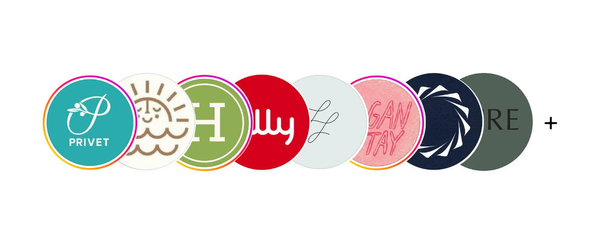 Collection of circular social media profile icons, including Privet, a sun with clouds, green with a white H, red with white text, light blue with cursive, pink with red letters, a dark blue swirling pattern, and green with 'RE'.