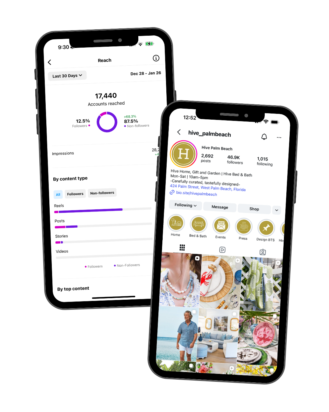 Two smartphones showing social media analytics and profile pages for an Instagram account, with the analytics on the left and the profile details on the right.