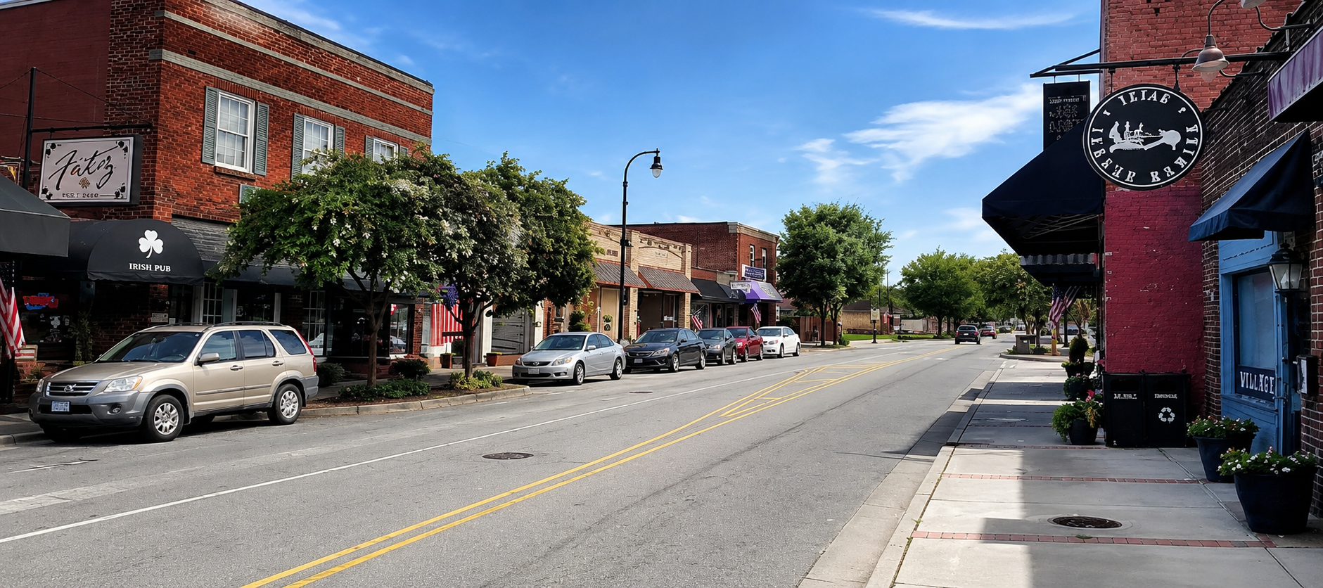 Downtown Kernersville, North Carolina Main Street, an area served by Evergreen Therapeutics ABA therapy.