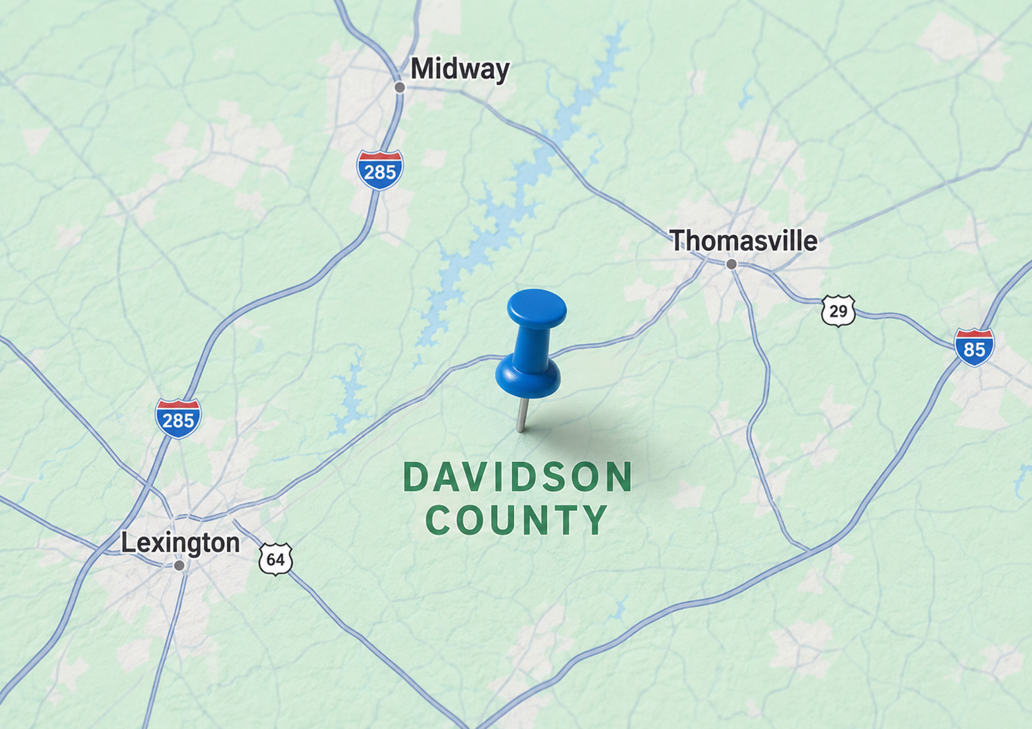 Map of Davidson County, NC highlighting Lexington, Thomasville, Midway, and surrounding areas served by Evergreen Therapeutics ABA therapy.