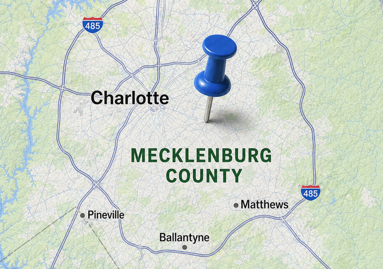 Map of Mecklenburg County, NC highlighting Charlotte, Pineville, Ballantyne, Matthews, and surrounding areas served by Evergreen Therapeutics ABA therapy.