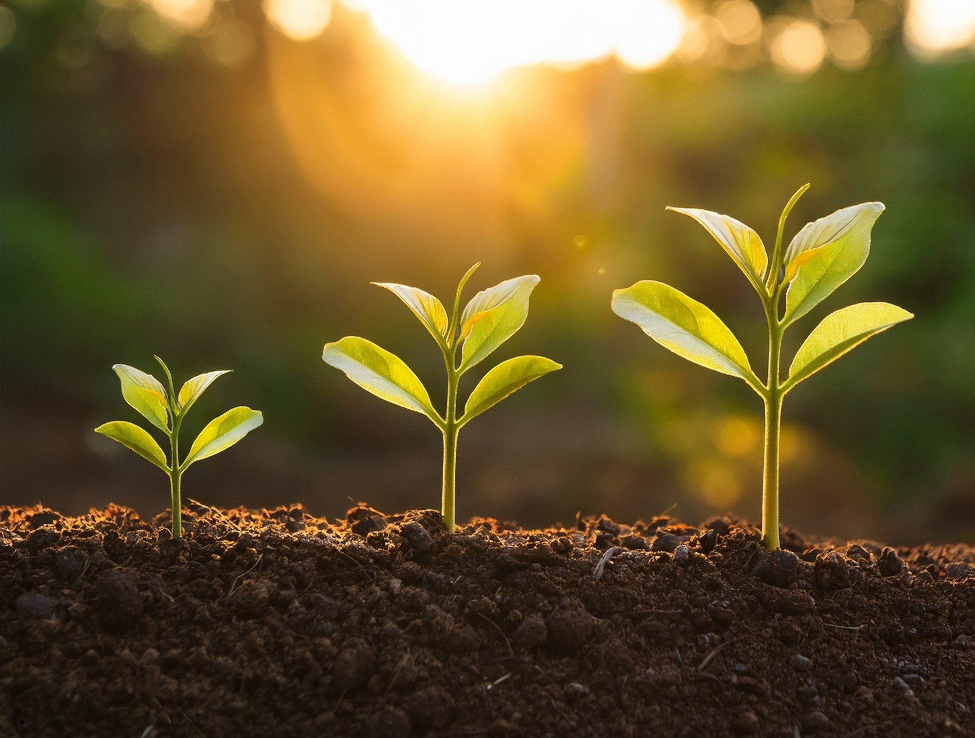Three small green plants growing in a row under bright sunlight, representing the mission of our ABA therapy and autism services in Thomasville, Davidson County, and Forsyth County, NC.