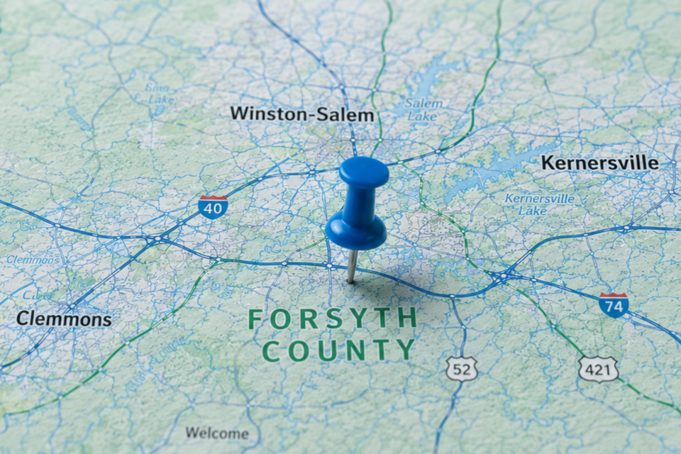 Map of Forsyth County, NC highlighting Winston-Salem, Clemmons, Kernersville, and surrounding areas served by Evergreen Therapeutics ABA therapy.