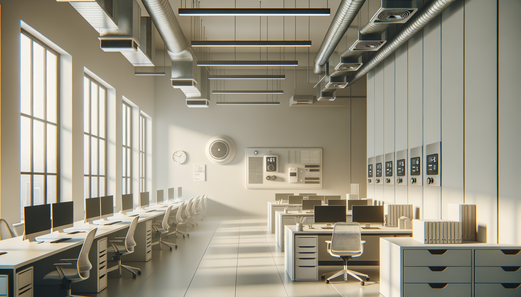 Modern office interior with large windows, rows of desks with computers, ergonomic chairs, a whiteboard on the back wall, a clock, and ceiling ductwork.