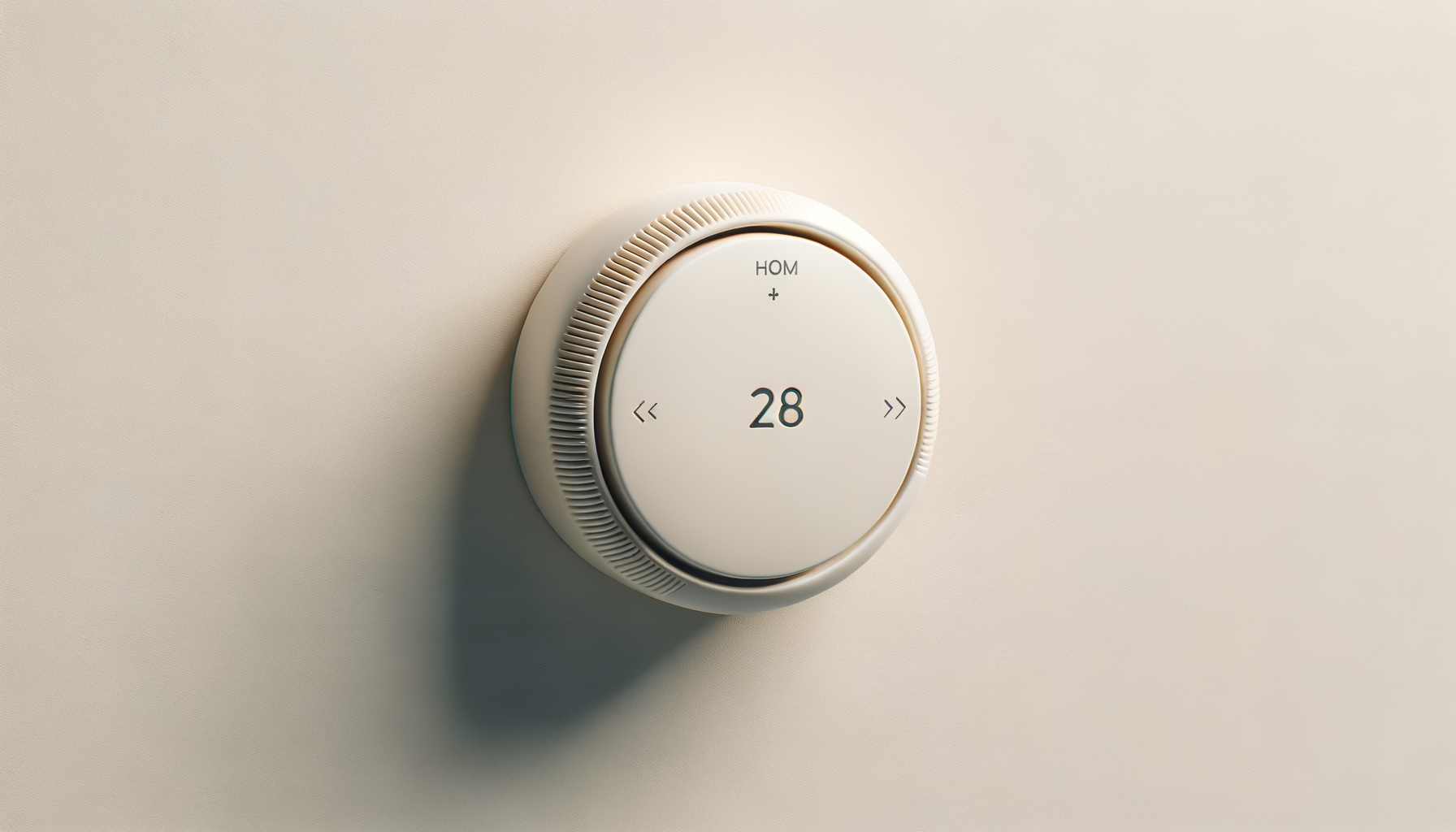 Close-up of a round digital thermostat on a beige wall, displaying the temperature 28 degrees and control buttons for plus, minus, and menu.