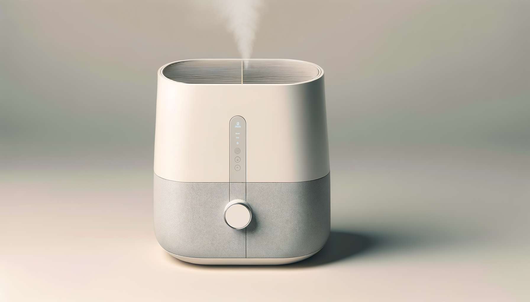 A modern white and gray humidifier emitting a small amount of mist from the top, with control buttons and a dial on the front.