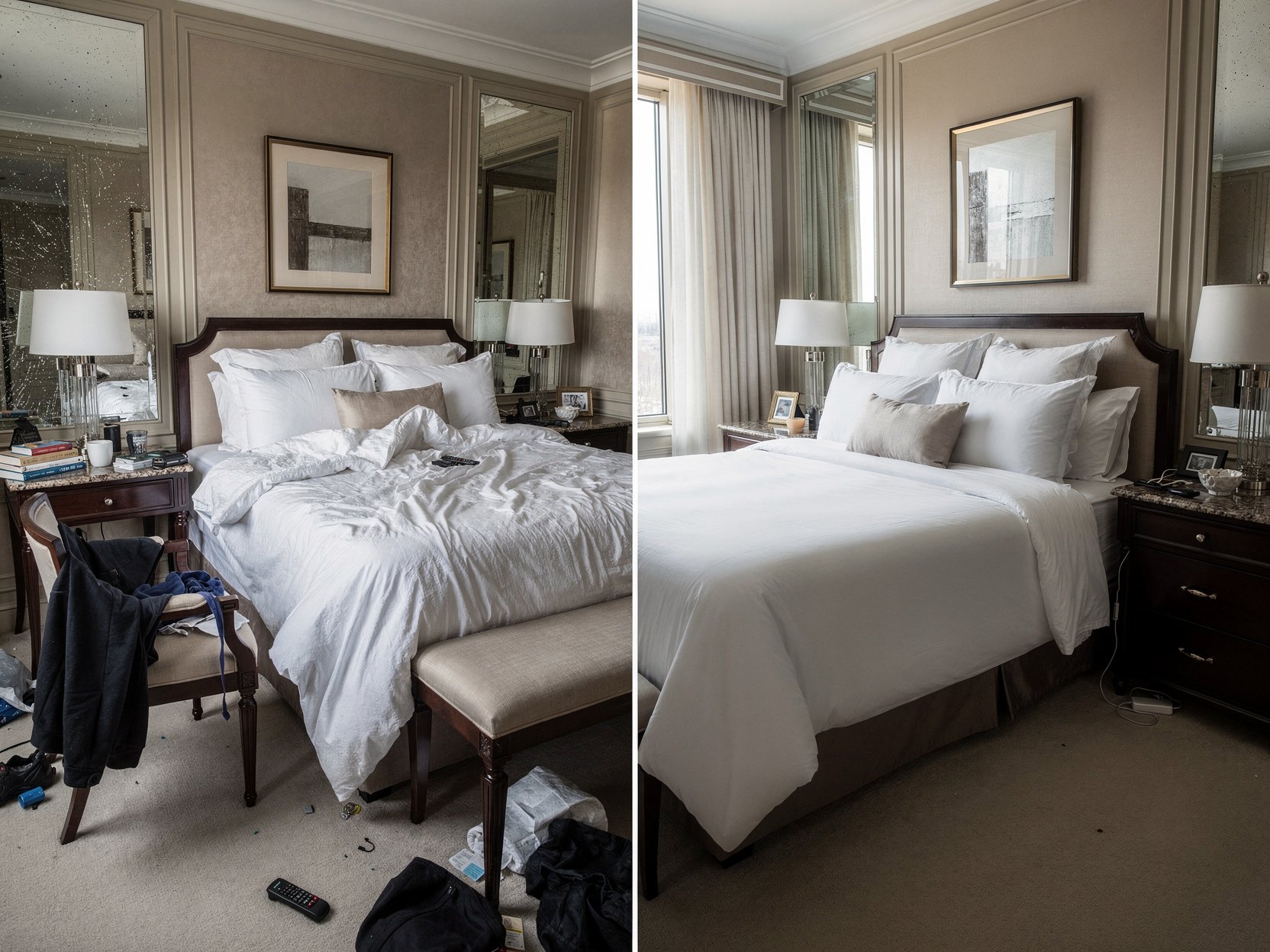 Before and after images of a neatly made bed in a hotel room with beige walls, framed artwork, and bedside lamps. The left side shows a messy bed with crumpled sheets, clothes, and clutter on the floor. The right side shows the same bed neatly made with smooth white sheets, pillows, and a tidy room.