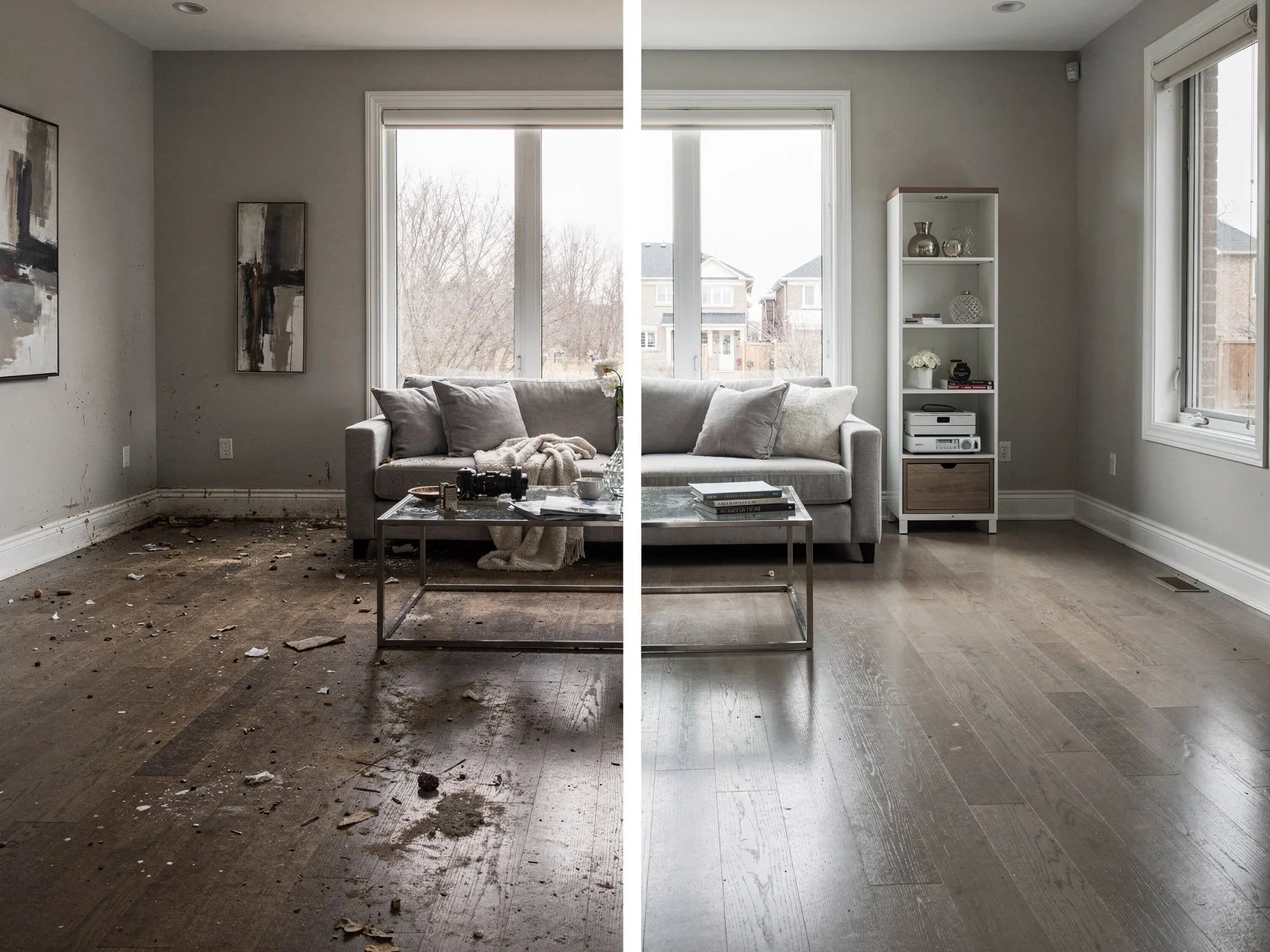 Comparison of a living room before and after cleaning, showing a damaged, dirty floor on the left and a clean, renovated floor on the right.