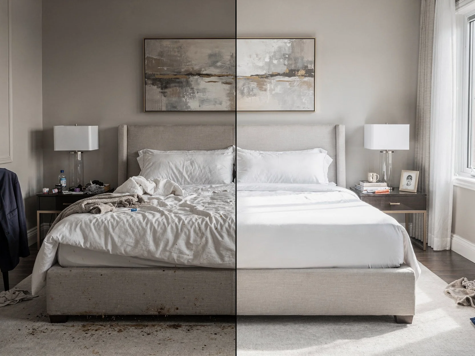Split view of a bedroom, left side shows a messy bed with clothes and items, right side shows a neatly made bed in a bright room with a nightstand, lamp, books, and a framed photo.