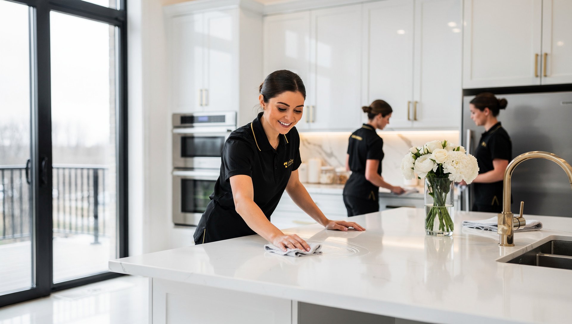 Three women in black uniforms clean a white kitchen countertop, with one smiling woman wiping the counter in the foreground, a vase of white flowers, a gold faucet, and a modern kitchen with built-in appliances.
