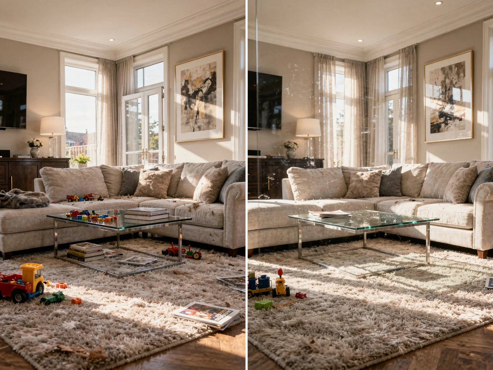 Living room with beige sectional sofa, glass coffee table, and play area with toys and books during daytime sunlight.