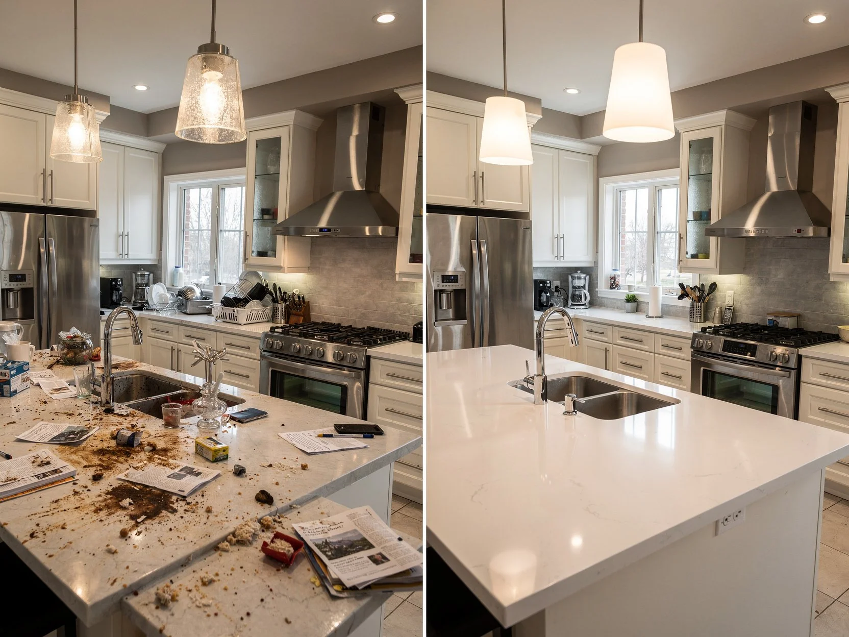 Comparison of kitchen before and after cleaning; cluttered countertop with dishes and trash on the left, clean and organized countertop on the right.