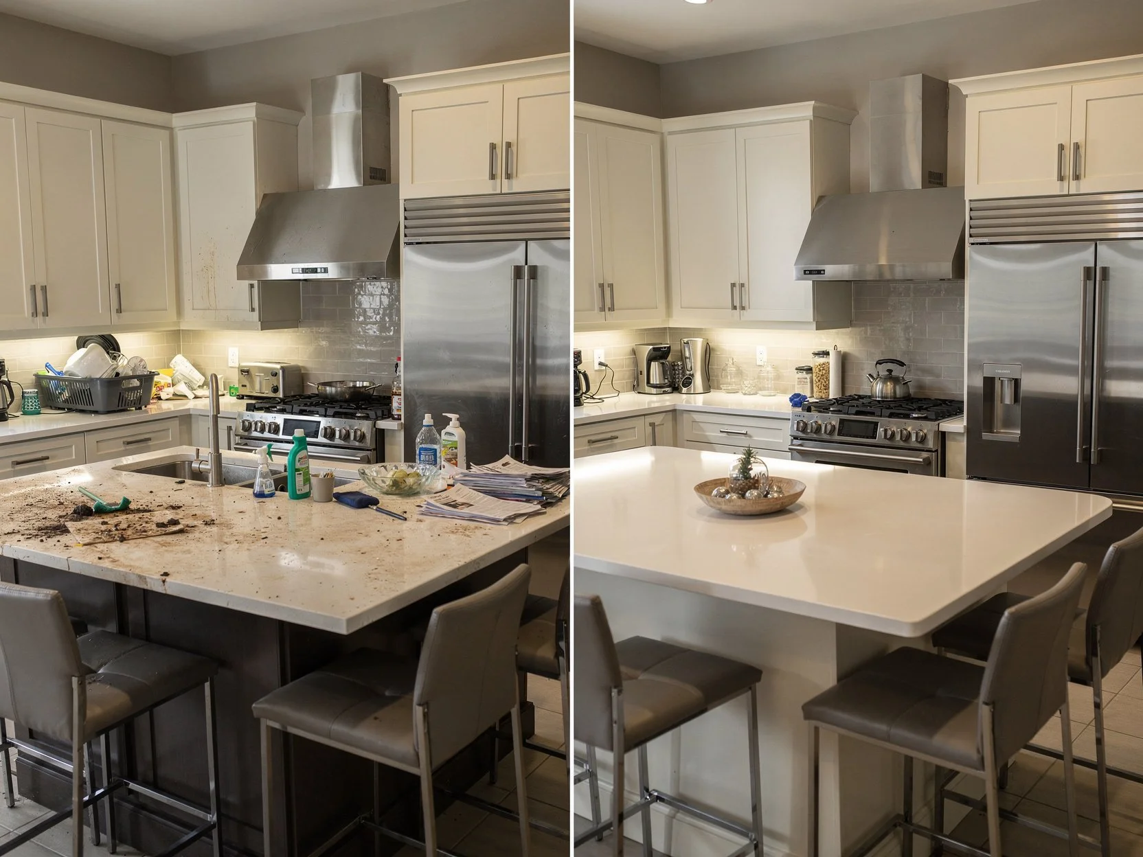 Before and after images of a kitchen countertop. The left side shows a messy kitchen with dirt, dishes, and clutter. The right side shows a clean, tidy kitchen with a decorated centerpiece and organized surfaces.