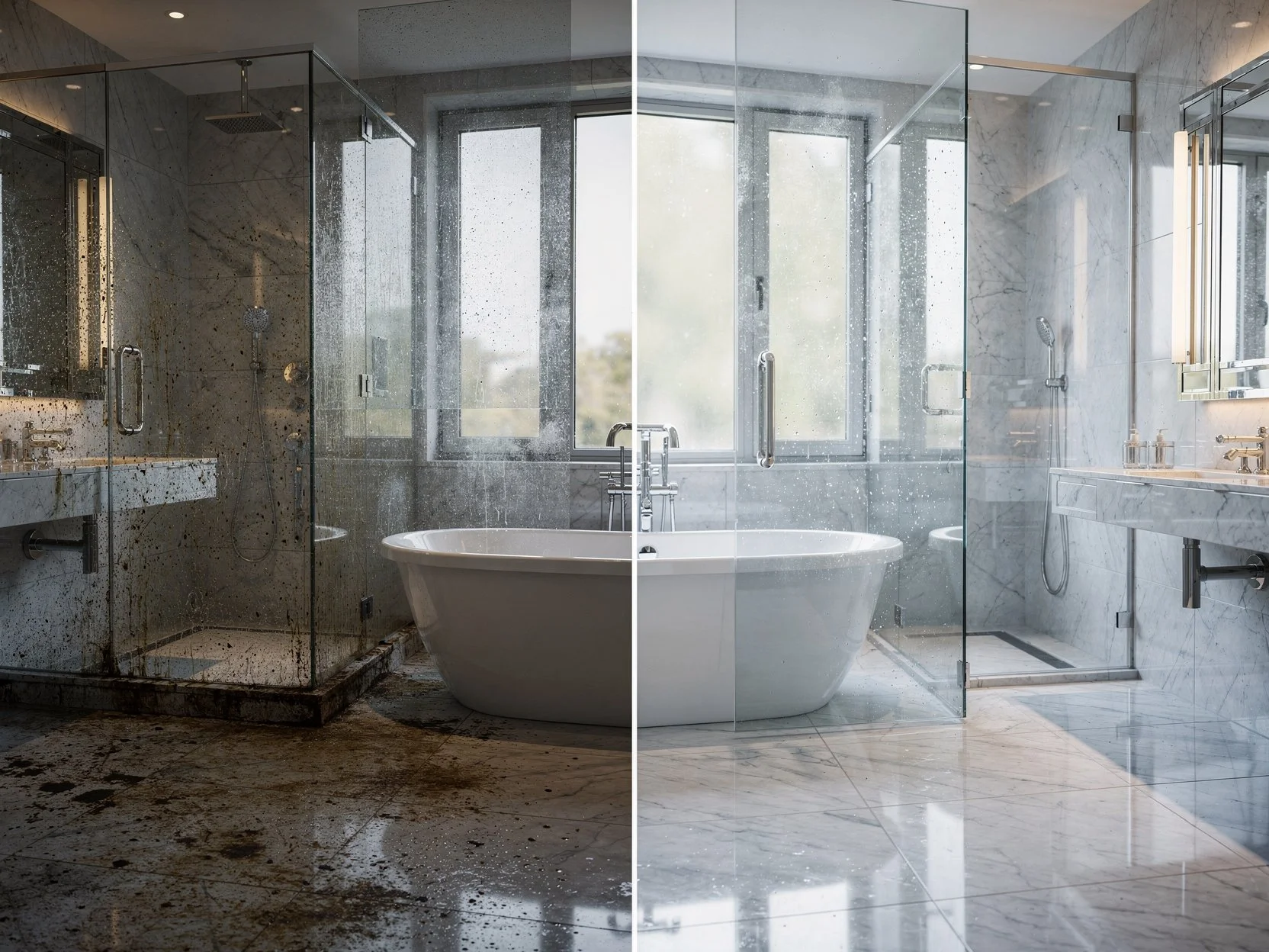 A split view of a bathroom with contrasting conditions: the left side shows a dirty, cluttered bathroom with stained floors, grime on the shower, and disorganized surroundings; the right side displays a clean, modern bathroom with a freestanding bath