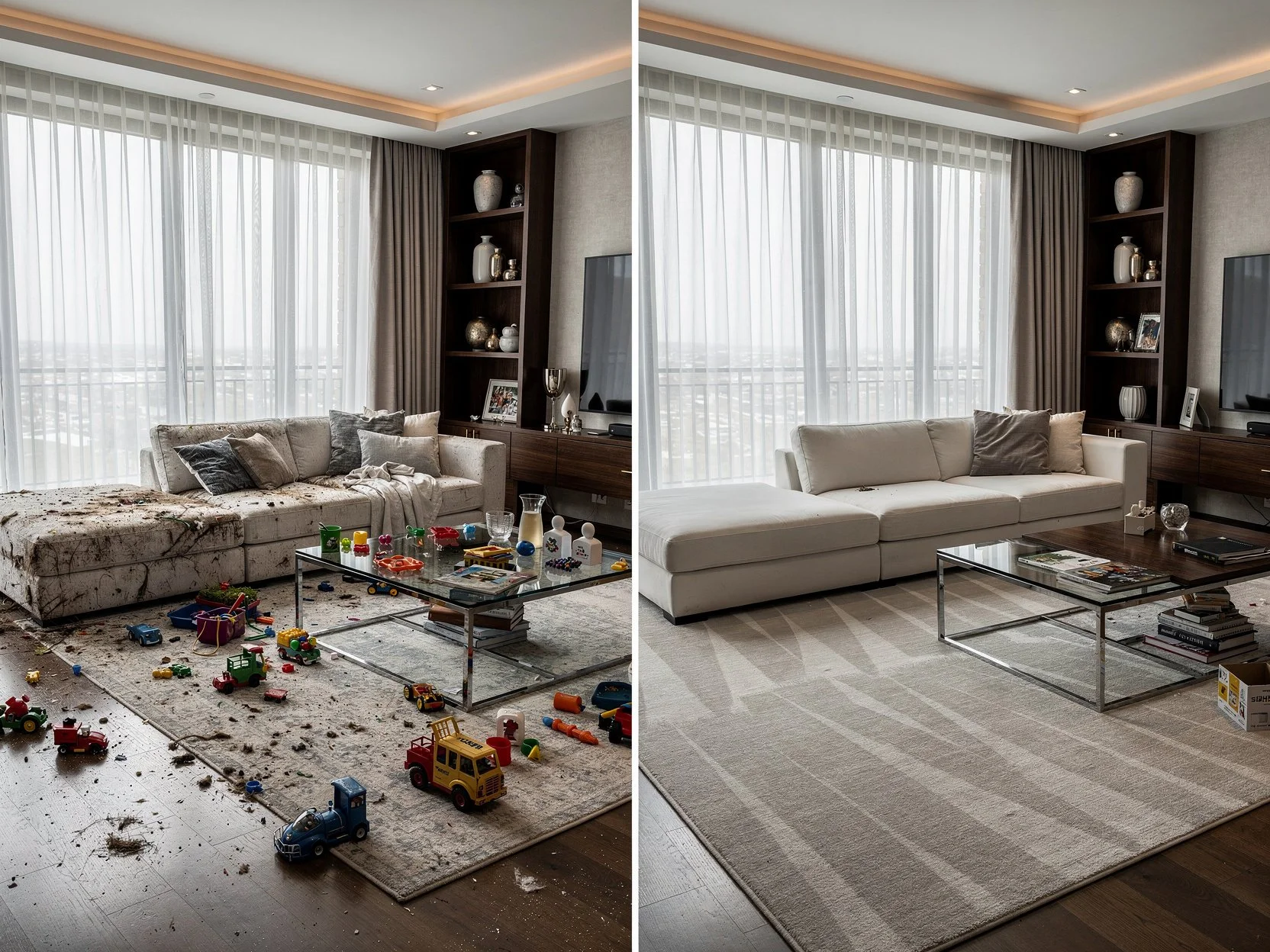 Comparison of messy living room on the left with clean living room on the right, showing before and after cleaning.