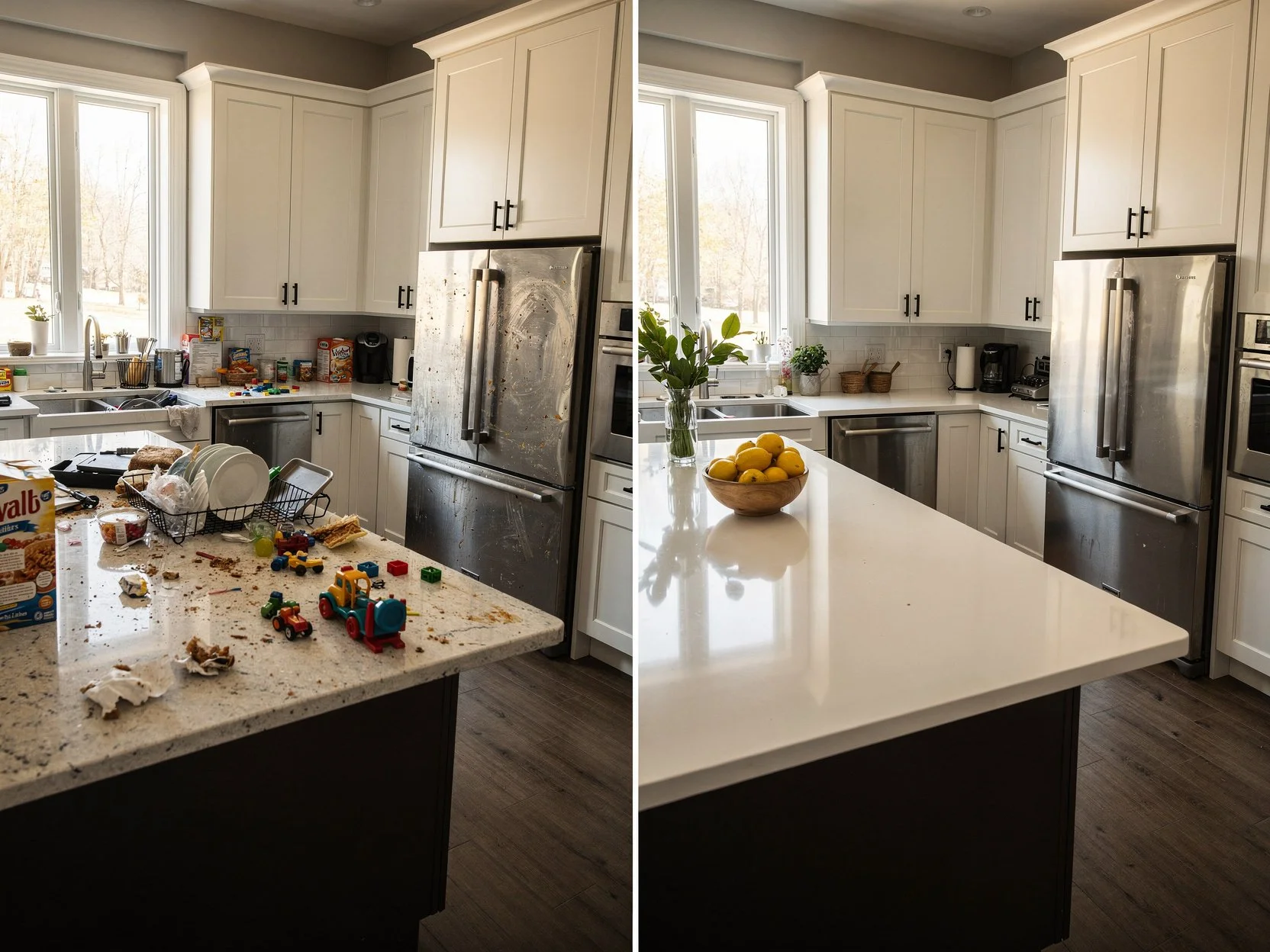 Comparison of a messy kitchen counter with dishes, toys, and debris on the left, and a clean, organized kitchen counter with a bowl of lemons and a vase of green leaves on the right.