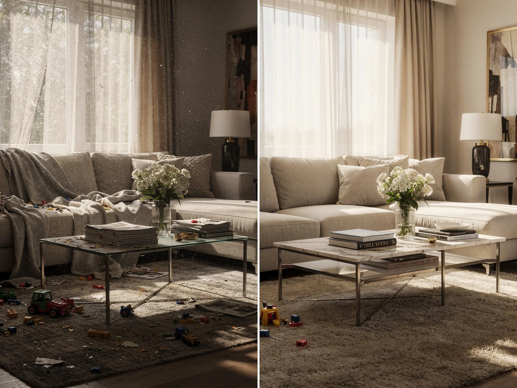 Comparison of a messy living room on the left and a clean, organized living room on the right, both featuring a beige sofa, a glass coffee table, and large windows with curtains.
