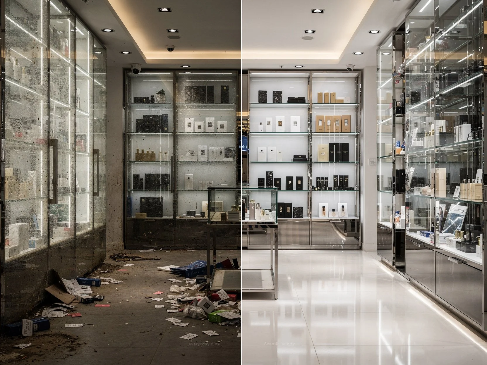 Comparison of a messy, trash-filled store interior on the left with a tidy, well-organized store interior on the right.