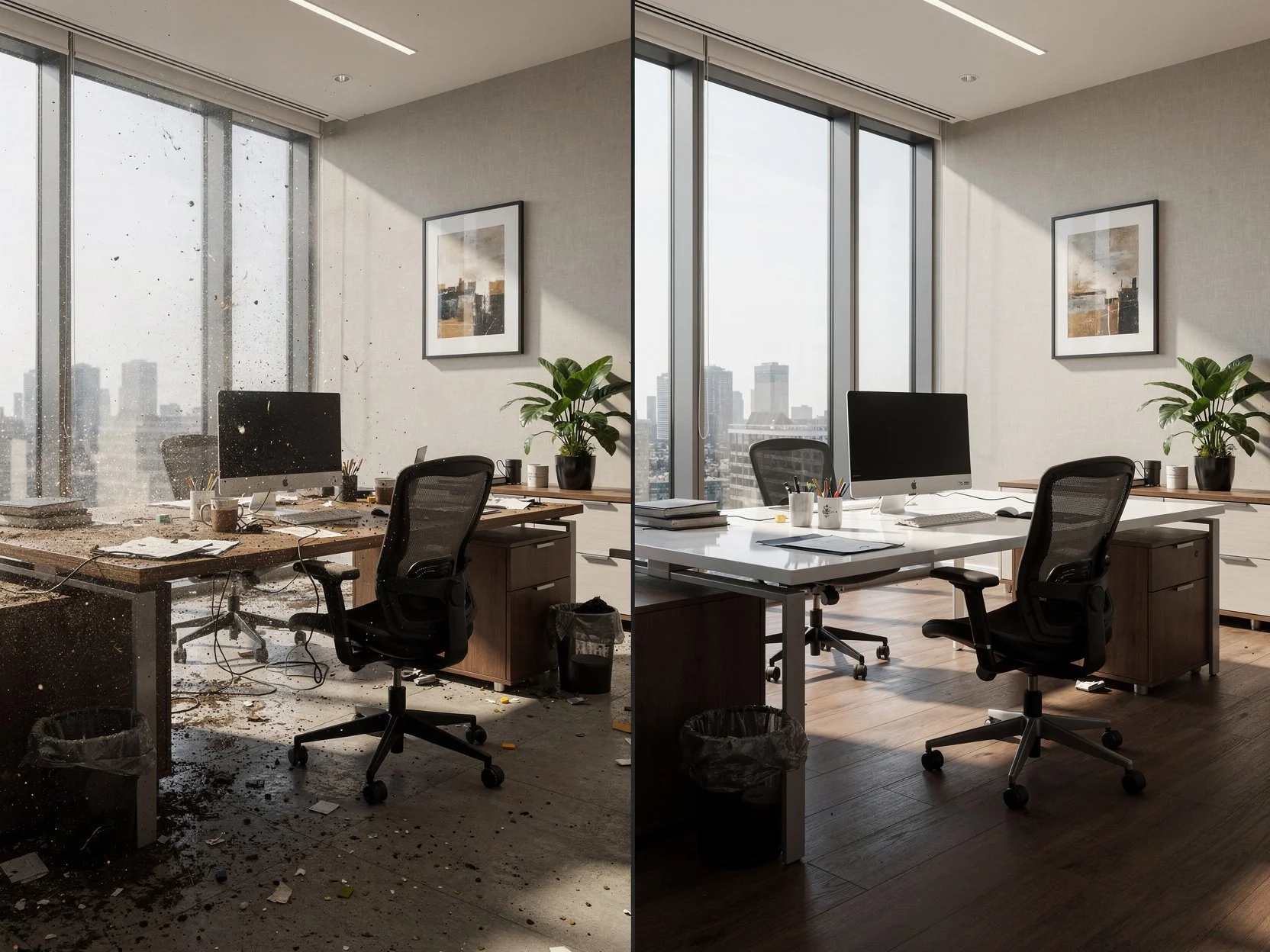A comparison of an office before and after cleaning, with a messy, dirty office on the left and a clean, organized office on the right.