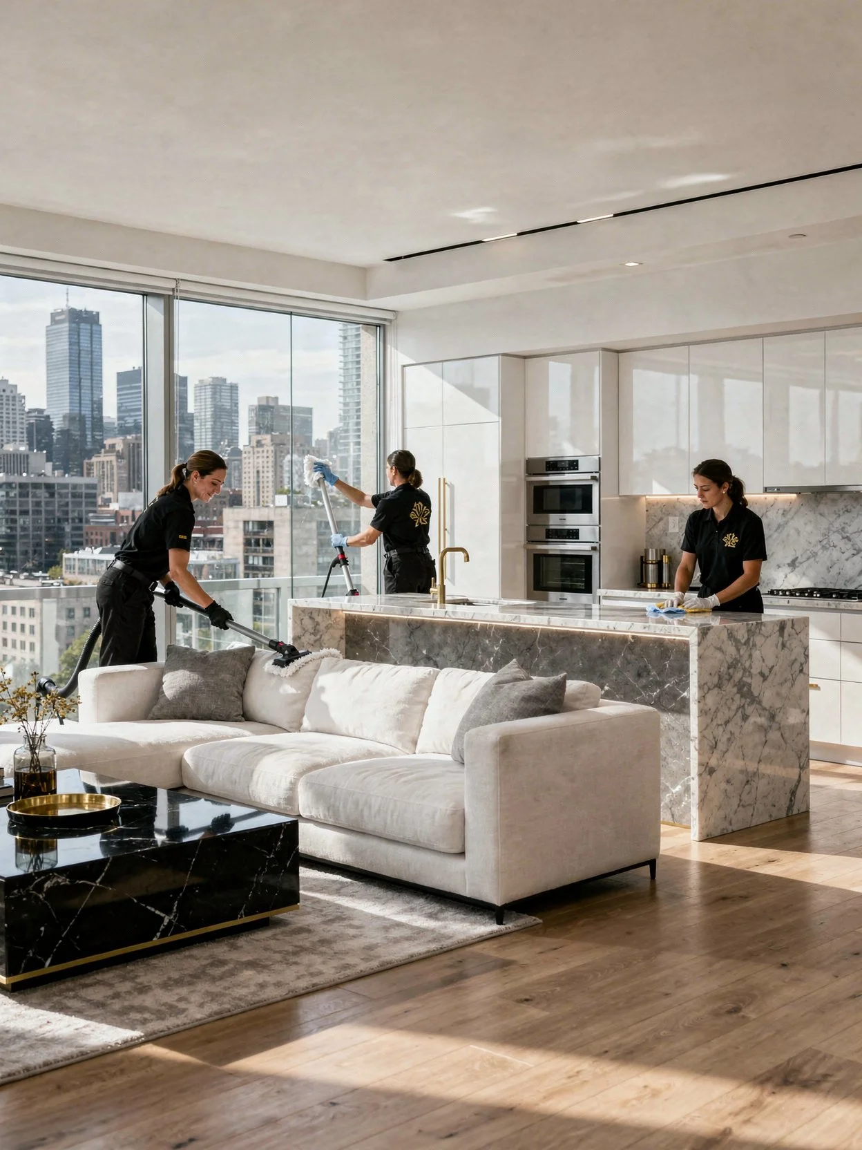 Three women cleaning a modern high-rise apartment with large windows and cityscape view, using vacuum and cloths.