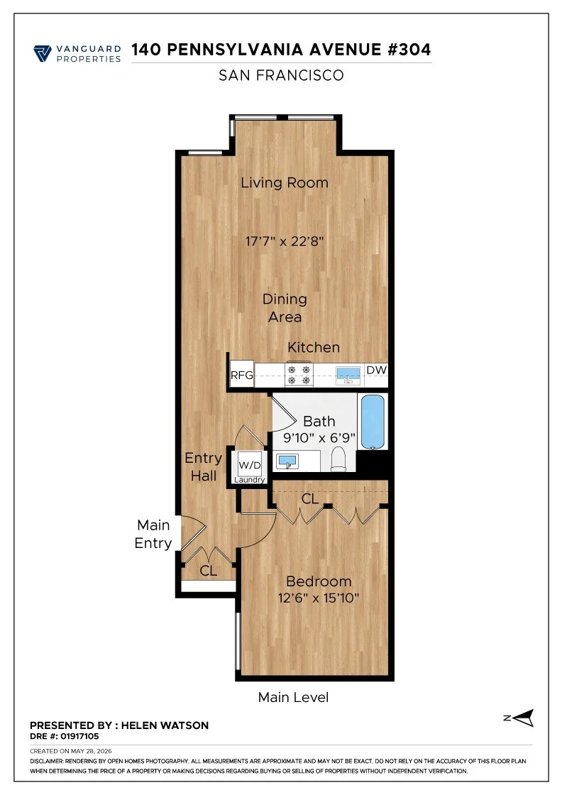 Floor plan of an apartment at 140 Pennsylvania Avenue #304 in San Francisco, showing a living room, dining area, kitchen, bathroom, bedroom, entry hall, and closets.