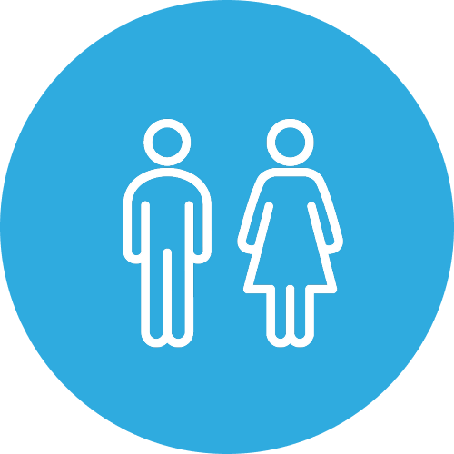 Male and female restroom symbols on a blue circular background.