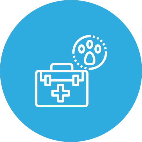 Icon of a medical kit with a paw print and a dog paw in a speech bubble, representing pet health or veterinary services.
