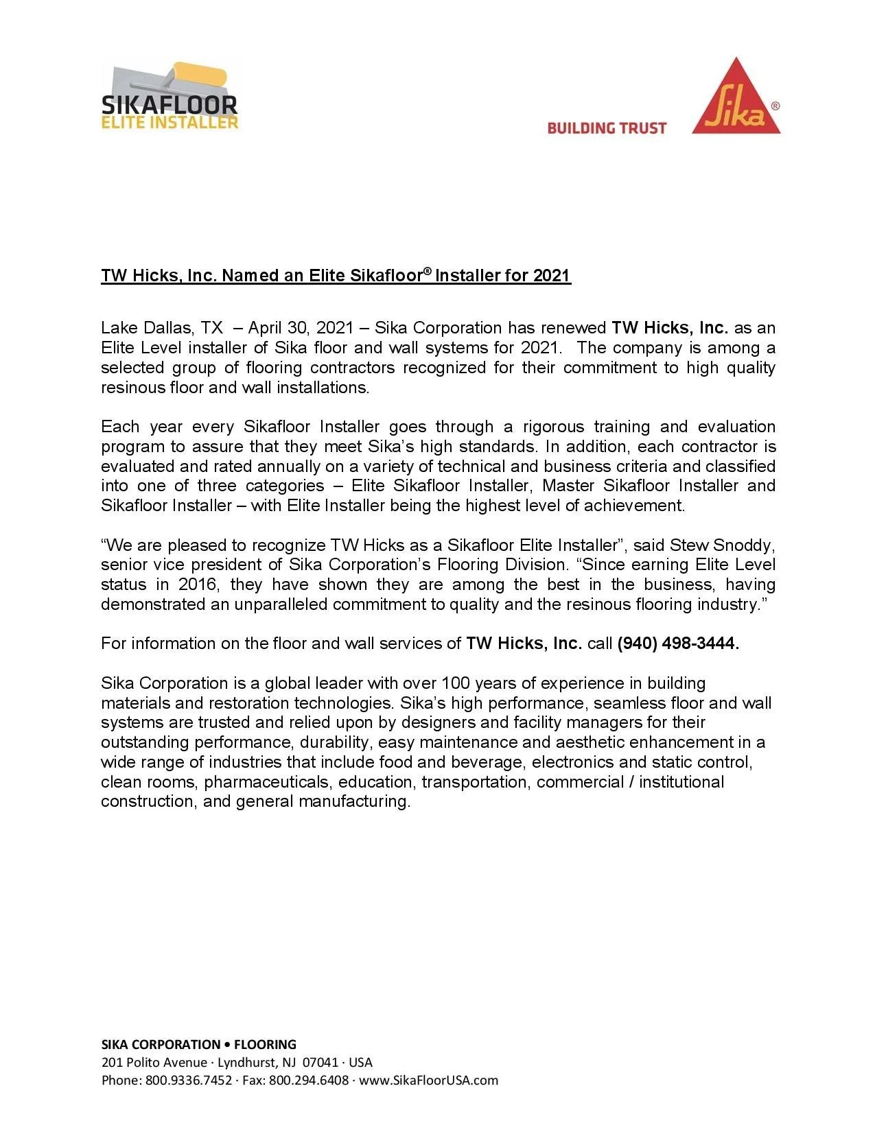 T.W. Hicks Named Elite Sikafloor Installer