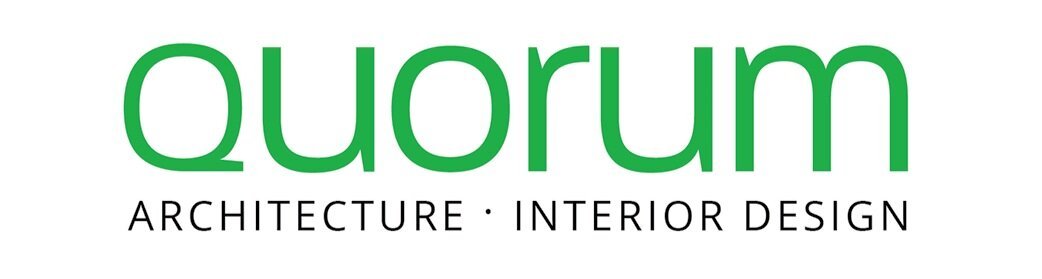 Logo with words 'quorum' in green and 'ARCHITECTURE · INTERIOR DESIGN' in black below it.