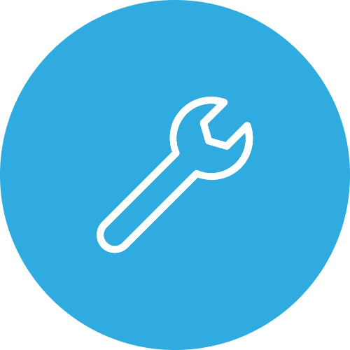 Blue circular icon with a white wrench symbol in the center.