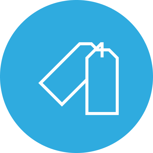 Icon of a clothing price tag inside a blue circle.