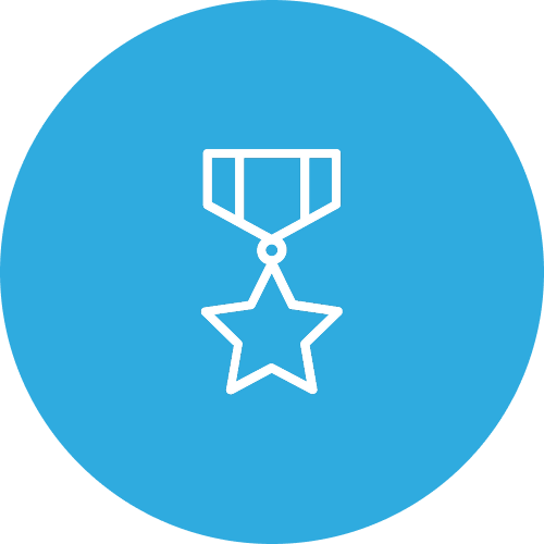 Icon of a medal with a star pendant hanging from a ribbon, on a blue background.
