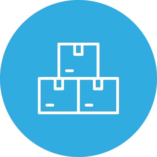 Icon of three stacked boxes or packages on a blue circular background.