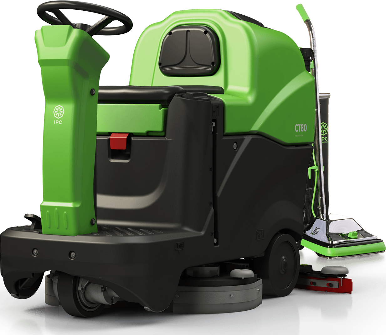 A green and black industrial floor cleaning machine.