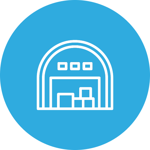 Icon of a garage door with various sized boxes inside, on a blue circular background.